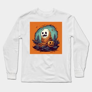 halloween design for kids, orange background, scary ghost with pumpkin Long Sleeve T-Shirt